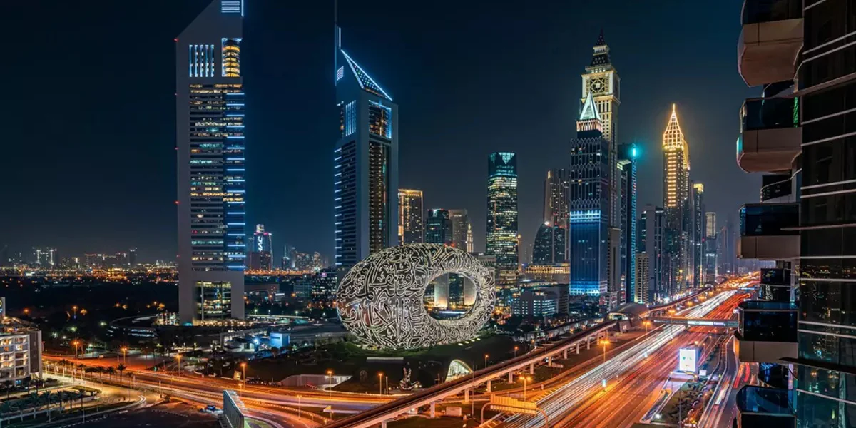 Dubai skyline at night, used as an editorial image for social discovery.
